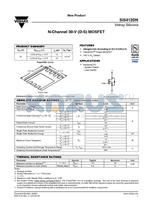 SIS412DN-T1-GE3 datasheet - N-Channel 30-V (D-S) MOSFET
