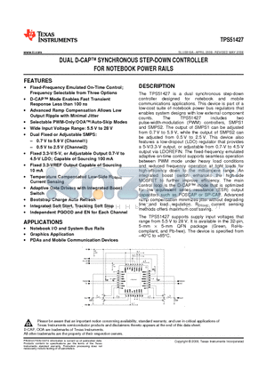 TPS51427RHBR datasheet - DUAL D-CAP SYNCHRONOUS STEP-DOWN CONTROLLER FOR NOTEBOOK POWER RAILS