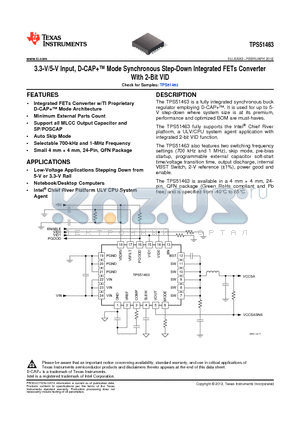 TPS51463RGER datasheet - 3.3-V/5-V Input, D-CAP Mode Synchronous Step-Down Integrated FETs Converter