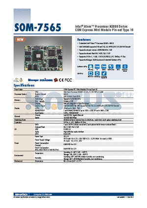 SOM-7565 datasheet - Intel^ Atom Processor N2000 Series COM Express Mini Module Pin-out Type 10