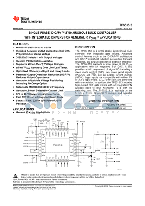 TPS51513RHB datasheet - SINGLE PHASE D-CAP SYNCHRONOUS BUCK CONTROLLER WITH INTEGRATED DRIVERS FOR GENERAL IC VCORE APPLICATIONS