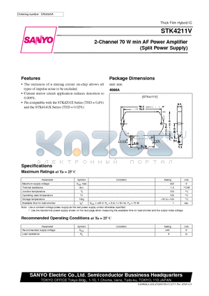 STK4211 datasheet - 2-Channel 70 W min AF Power Amplifier (Split Power Supply)