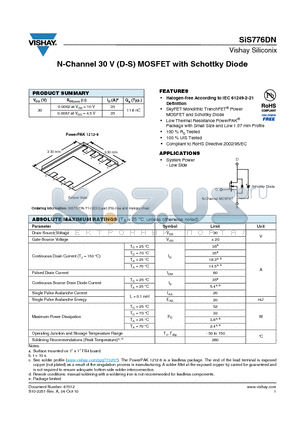 SIS776DN datasheet - N-Channel 30 V (D-S) MOSFET with Schottky Diode