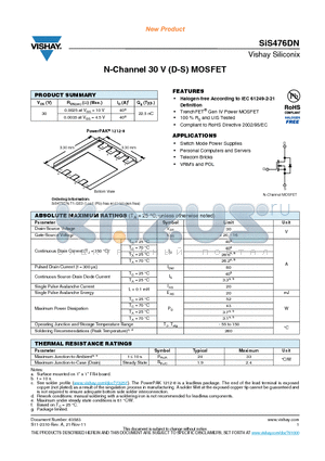 SIS476DN datasheet - N-Channel 30 V (D-S) MOSFET