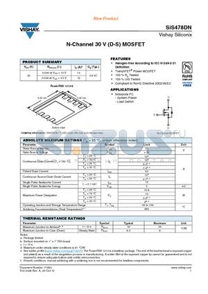 SIS478DN datasheet - N-Channel 30 V (D-S) MOSFET