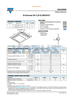 SIS478DN-T1-GE3 datasheet - N-Channel 30 V (D-S) MOSFET