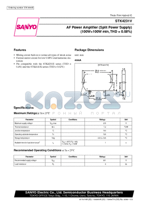 STK4231 datasheet - AF Power Amplifier(Split Power Supply)(100W100W min, THD=0.08%)
