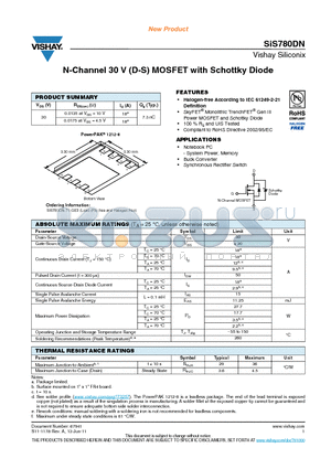 SIS780DN-T1-GE3 datasheet - N-Channel 30 V (D-S) MOSFET with Schottky Diode