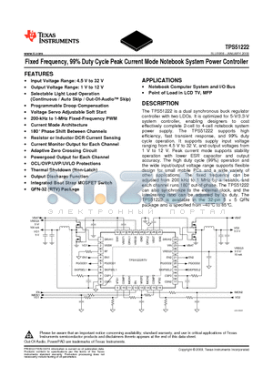 TPS51222RTVT datasheet - Fixed Frequency, 99% Duty Cycle Peak Current Mode Notebook System Power Controller
