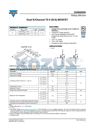 SIS902DN-T1-GE3 datasheet - Dual N-Channel 75-V (D-S) MOSFET