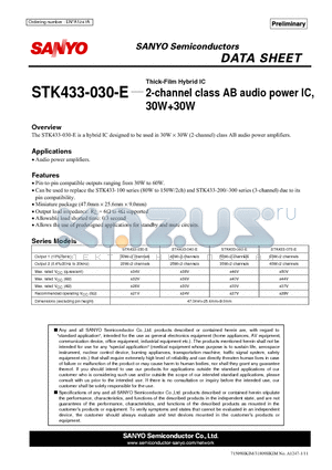 STK433-030-E datasheet - 2-channel class AB audio power IC, 30W30W