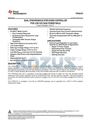 TPS53127RGET datasheet - DUAL SYNCHRONOUS STEP-DOWN CONTROLLER FOR LOW VOLTAGE POWER RAILS