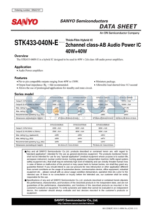 STK433-040N-E datasheet - 2channel class-AB Audio Power IC