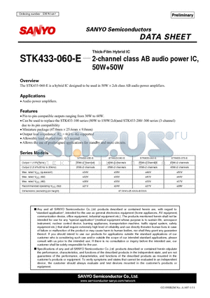 STK433-060-E datasheet - Thick-Film Hybrid IC 2-channel class AB audio power IC, 50W50W