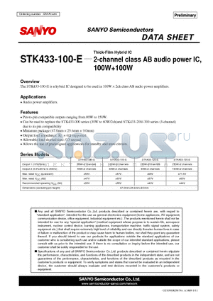 STK433-100-E datasheet - Thick-Film Hybrid IC 2-channel class AB audio power IC, 100W100W
