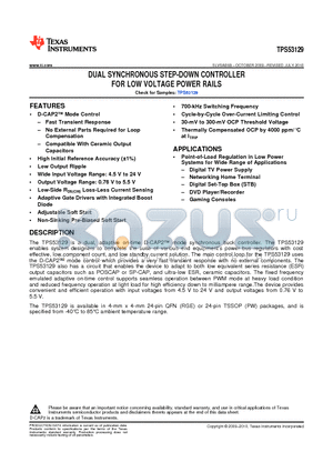 TPS53129 datasheet - DUAL SYNCHRONOUS STEP-DOWN CONTROLLER FOR LOW VOLTAGE POWER RAILS