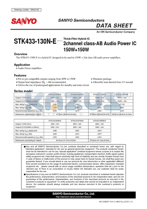 STK433-130N-E datasheet - 2channel class-AB Audio Power IC 150W150W