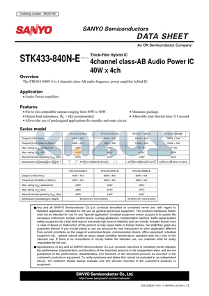 STK433-840N-E datasheet - 4channel class-AB Audio Power IC 40W  4ch