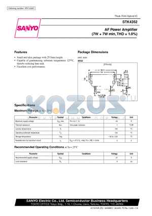 STK4352 datasheet - AF Power Amplifier (7W  7W min, THD = 1.0%)