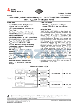 TPS51650RSLT datasheet - Dual-Channel (3-Phase CPU/2-Phase GPU) SVID, D-CAP Step-Down Controller