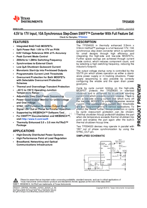 TPS54020 datasheet - 4.5V to 17V Input, 10A Synchronous Step-Down SWIFT Converter With Full Feature Set