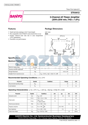 STK4412 datasheet - 2-Channel AF Power Amplifier (20W20W min, THD = 1.0%)