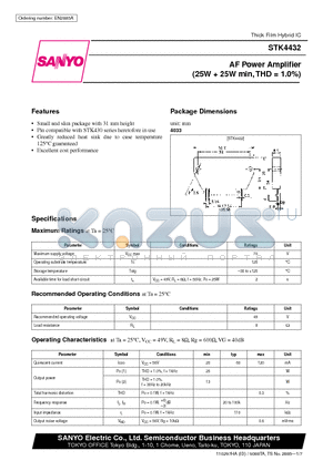 STK4432 datasheet - AF Power Amplifier (25W  25W min, THD = 1.0%)