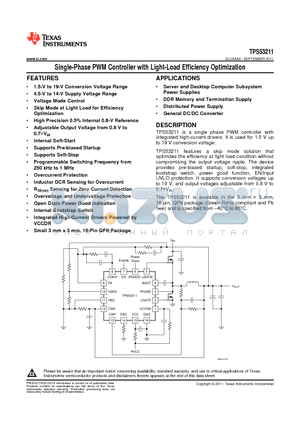 TPS53211 datasheet - Single-Phase PWM Controller with Light-Load Efficiency Optimization