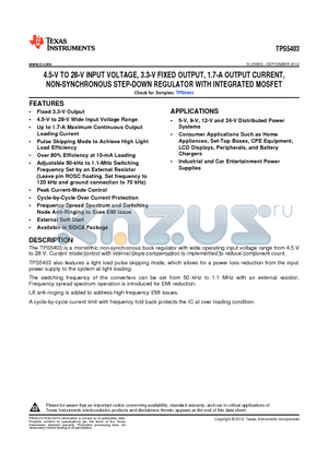 TPS5403 datasheet - 4.5-V TO 28-V INPUT VOLTAGE, 3.3-V FIXED OUTPUT, 1.7-A OUTPUT CURRENT, NON-SYNCHRONOUS STEP-DOWN REGULATOR WITH INTEGRATED MOSFET