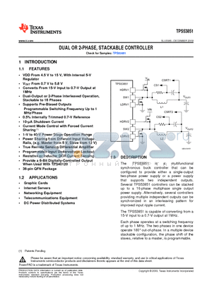 TPS53851 datasheet - DUAL OR 2-PHASE, STACKABLE CONTROLLER