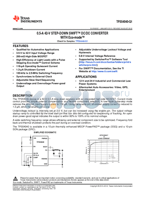 TPS54040QDGQRQ1 datasheet - 0.5-A 42-V STEP-DOWN SWIFT DC/DC CONVERTER WITH Eco-mode