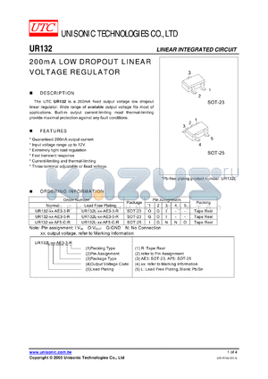 UR132-22-AE3-5-R datasheet - 200mA LOW DROPOUT LINEAR VOLTAGE REGULATOR