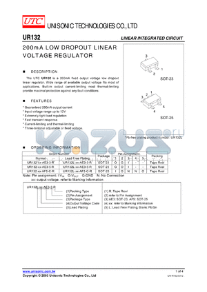 UR132-AD-AE3-3-R datasheet - 200mA LOW DROPOUT LINEAR VOLTAGE REGULATOR