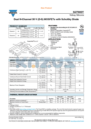 SIZ790DT-T1-GE3 datasheet - Dual N-Channel 30 V (D-S) MOSFETs with Schottky Diode