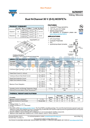 SIZ920DT datasheet - Dual N-Channel 30 V (D-S) MOSFETs