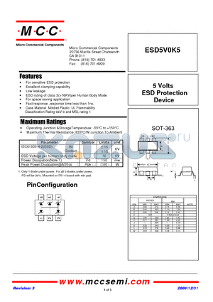 SOT-363 datasheet - 5 Volts ESD Protection Device