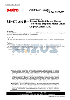 STK672-210-E datasheet - Thick-Film Hybrid IC Unipolar Constant-Current Chopper Two-Phase Stepping Motor Driver Output Current 1.4A