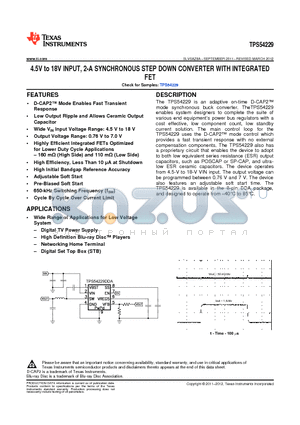 TPS54229 datasheet - 4.5V to 18V INPUT, 2-A SYNCHRONOUS STEP DOWN CONVERTER WITH INTEGRATED FET