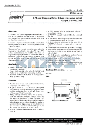 STK673-010 datasheet - 3-Phase Stepping Motor Driver(sine wave drive) Output Current 2.4A