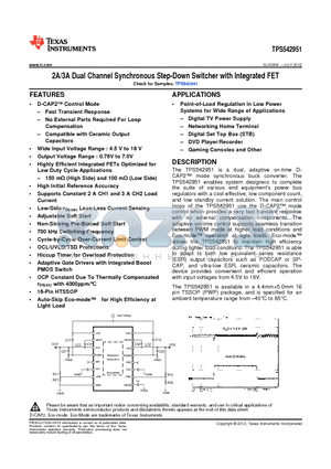 TPS542951 datasheet - 2A/3A Dual Channel Synchronous Step-Down Switcher with Integrated FET