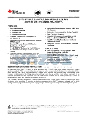 TPS54310-EP datasheet - 3-V TO 6-V INPUT, 3-A OUTPUT,SYNCHRONOUS BUCK PWM SWITCHER WITH INTEGRATED FETs(SWIFT)