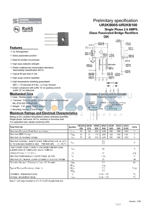 UR2KB005 datasheet - Single Phase 2.0 AMPS. Glass Passivated Bridge Rectifiers