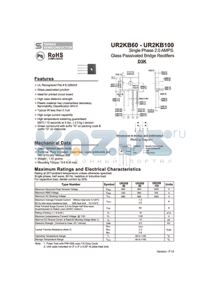 UR2KB100 datasheet - Single Phase 2.0 AMPS. Glass Passivated Bridge Rectifiers