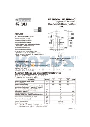 UR2KB60 datasheet - Single Phase 2.0 AMPS. Glass Passivated Bridge Rectifiers
