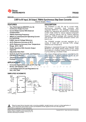 TPS5432 datasheet - 2.95V to 6V Input, 3A Output, 700kHz Synchronous Step Down Converter