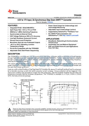 TPS54320RHLT datasheet - 4.5V to 17V Input, 3A Synchronous Step Down SWIFT Converter