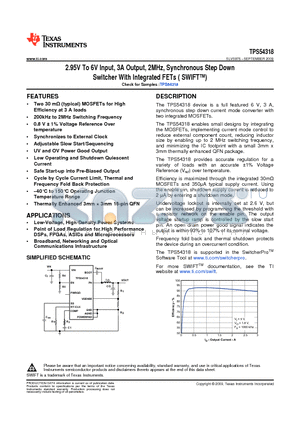 TPS54318 datasheet - 2.95V To 6V Input 3A Output 2MHz Synchronous Step Down Switcher With Integrated FETs (SWIFT)