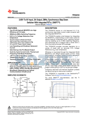 TPS54318 datasheet - 2.95V To 6V Input, 3A Output, 2MHz, Synchronous Step Down Switcher With Integrated FETs ( SWIFT)