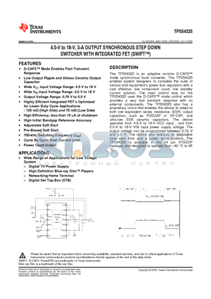TPS54325 datasheet - 4.5-V to 18-V, 3-A OUTPUT SYNCHRONOUS STEP DOWN SWITCHER WITH INTEGRATED FET (SWIFT)