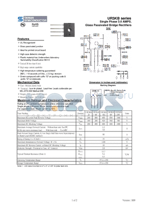 UR3KB datasheet - Single Phase 3.0 AMPS. Glass Passivated Bridge Rectifiers